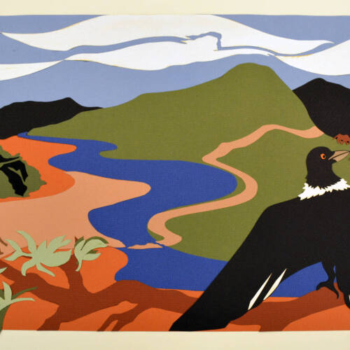 Paper collage image of a black bird flying above an African village scene with a river, mountains and clouds.